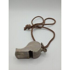 VINTAGE RARE METAL WHISTLE Steel COLLECTIBLE WORKS Wooden Ball Leather Cord